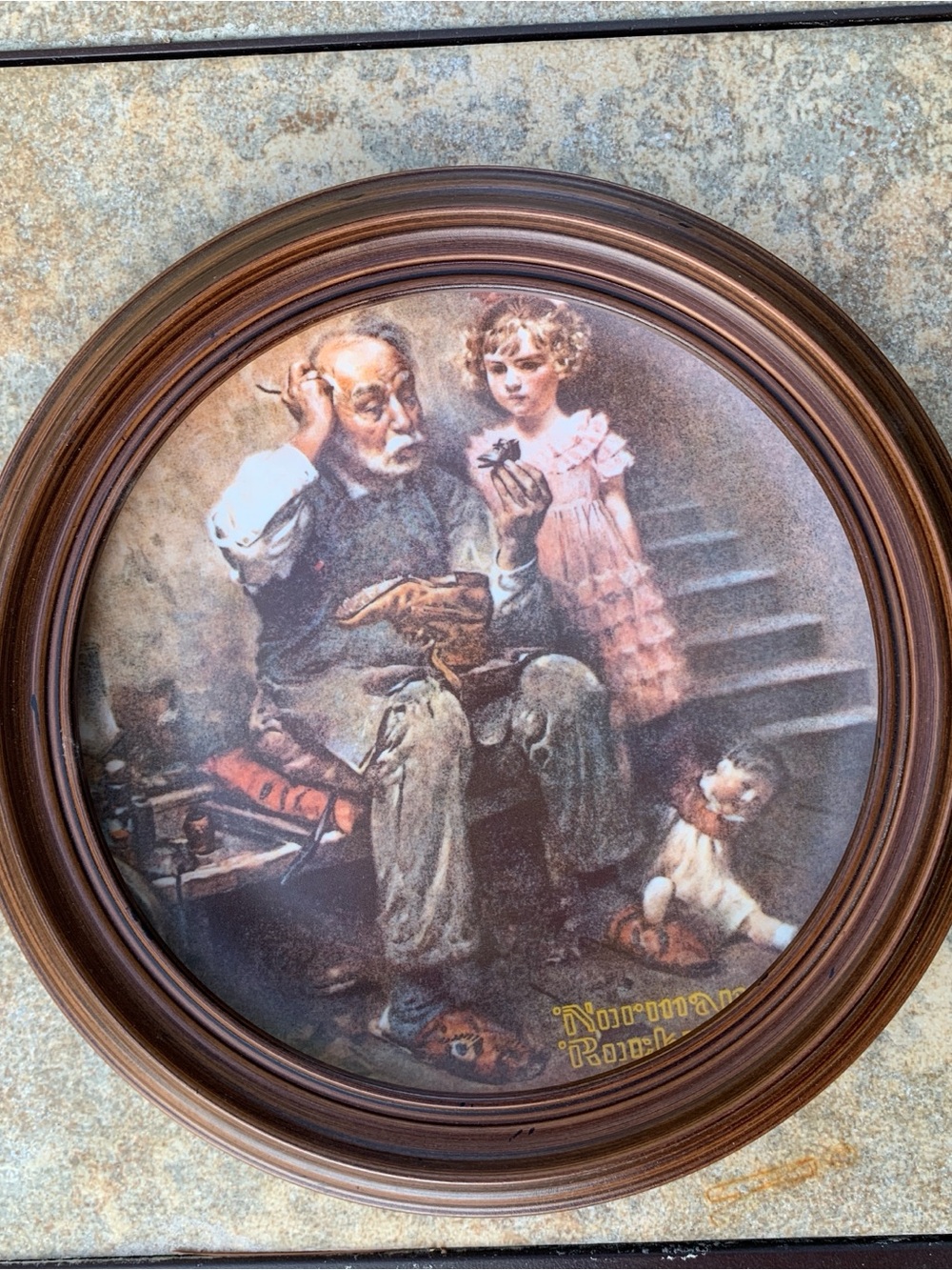 Norman Rockwell The Cobbler Round Decorative Plate — White & Brown Frame